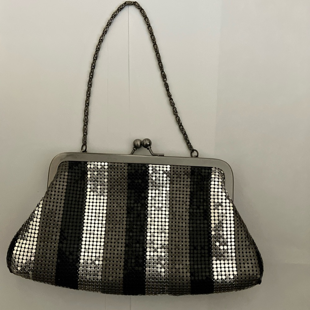 LOFT Black and Silver Striped Clutch with Chain